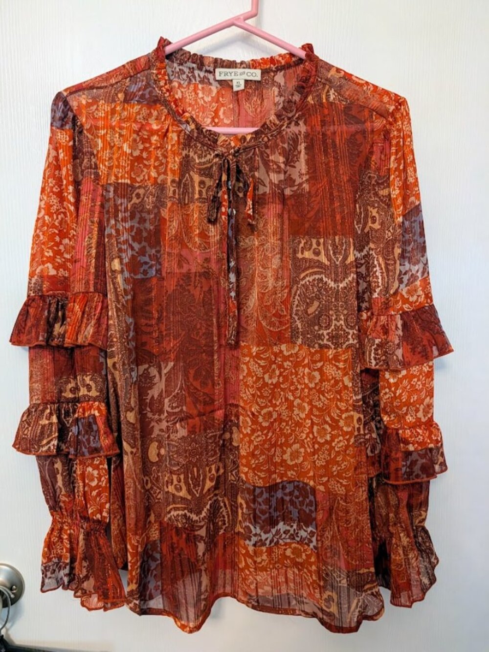 Frye & Co red orange boho ruffle blouse top Size XL